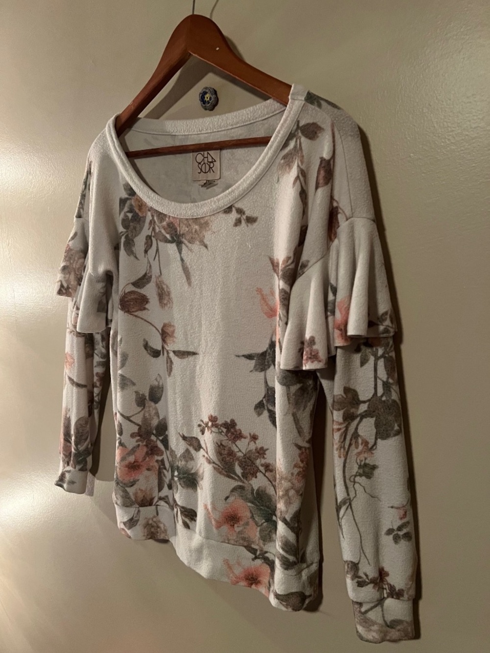 Chaser Floral Long Sleeve Sweatshirt W/ Off Shoulder Ruffle - Size S